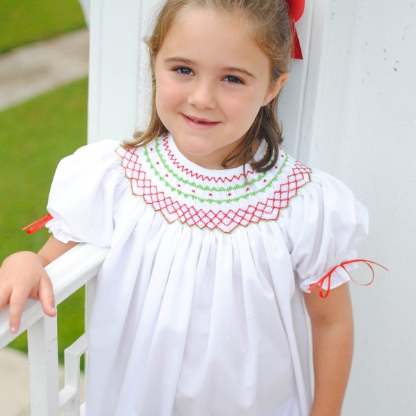 Christmas Smocked Dress in White with Red & Green Smocking with Ribbon on Sleeves - Heirloom Dress, Baby Girl Dress, Santa, Vintage Style