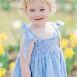 Smocked Lyon Dress in Blue with Tie Straps Vintage Style, Heirloom, Easter, Baby Girl image 1