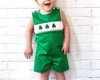 Shamrock Smocked Shortall in Solid Green - St. Patrick's Day Jon Jon, Vintage Style, matching sibling outfit available