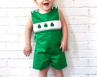 Shamrock Smocked Shortall in Solid Green - St. Patrick's Day Jon Jon, Vintage Style, matching sibling outfit available