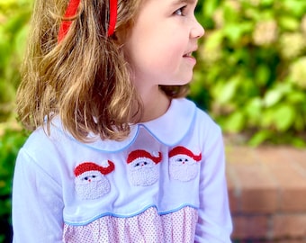 Christmas Dress- Santas in French Knot in white and  Polka Dot - Baby Girl Heirloom Christmas Dress, Matching Sibling, Smock