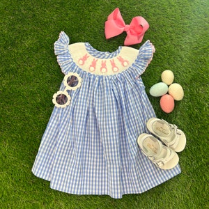 Easter Bunny Smocked Dress in Blue Gingham Flutter Sleeve Bishop dress - Heirloom, Vintage Style, Machine washable 585 *G