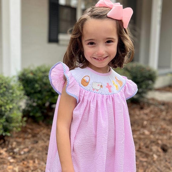開店記念セール！ Easter Smocked Dress in Pink Seersucker- Easter Basket ワンピース
