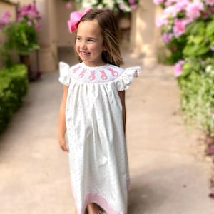 Easter Bunny Smocked Dress on Polka Dot, Bishop Dress, Baby Girl, Heirloom Dress 697 *G