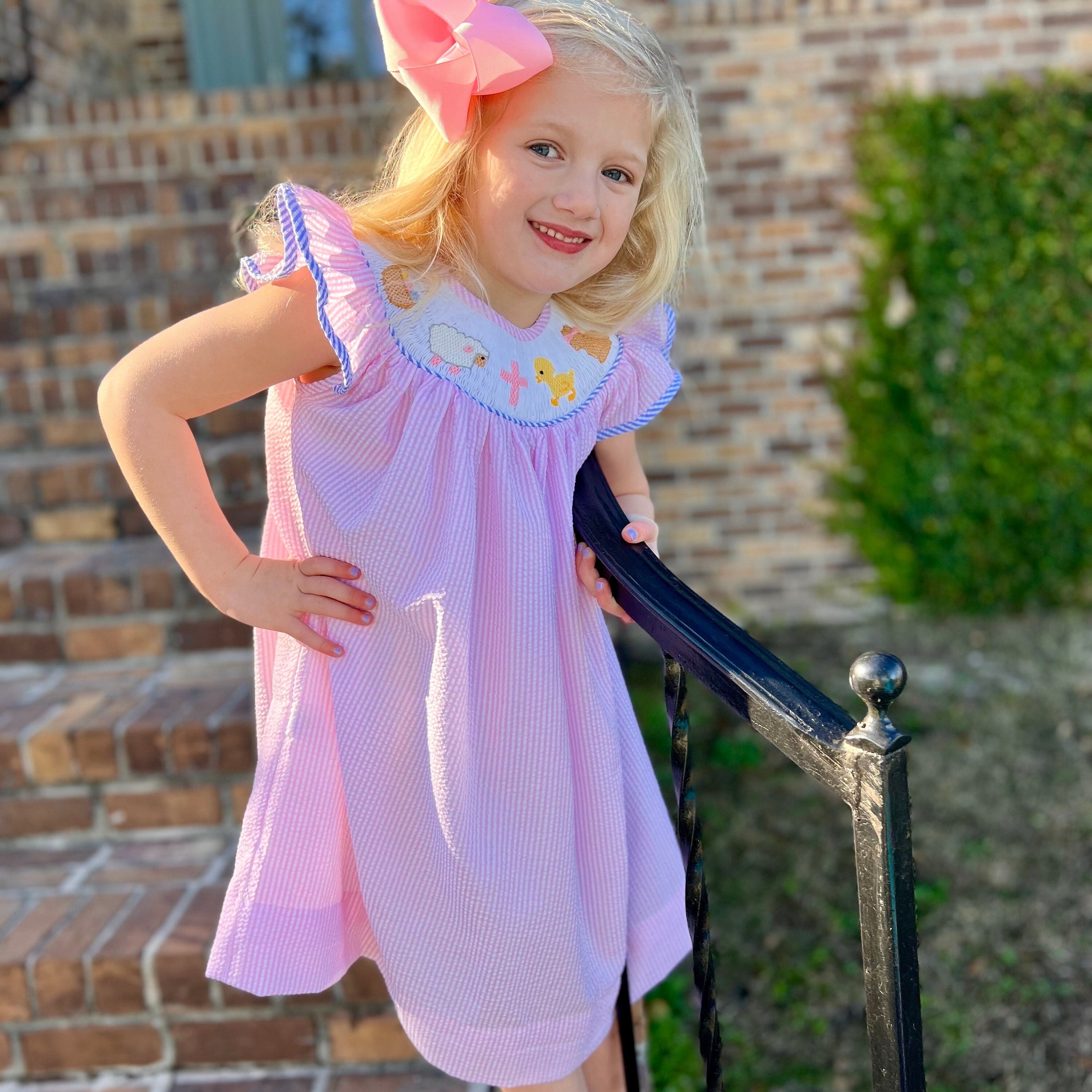 Easter Smocked Dress in Pink Seersucker- Easter Basket