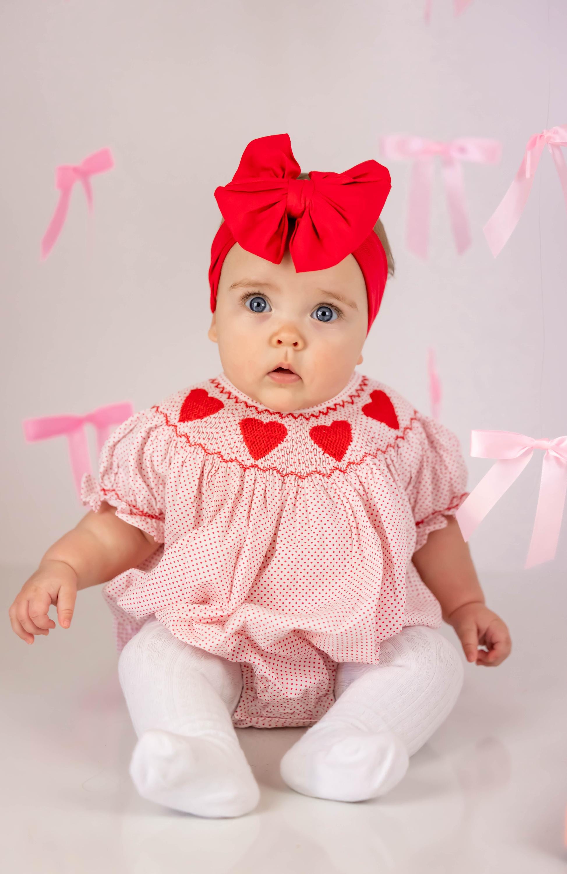 Valentine Smocked Bubble Romper - Red Hearts on Red Polka Dot, Smocked Sleeves, Baby Girl, Heirloom, Vintage Style 473 *B
