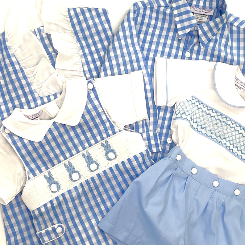 Light Blue Gingham Easter Egg and Bunnies Smocked Shortall