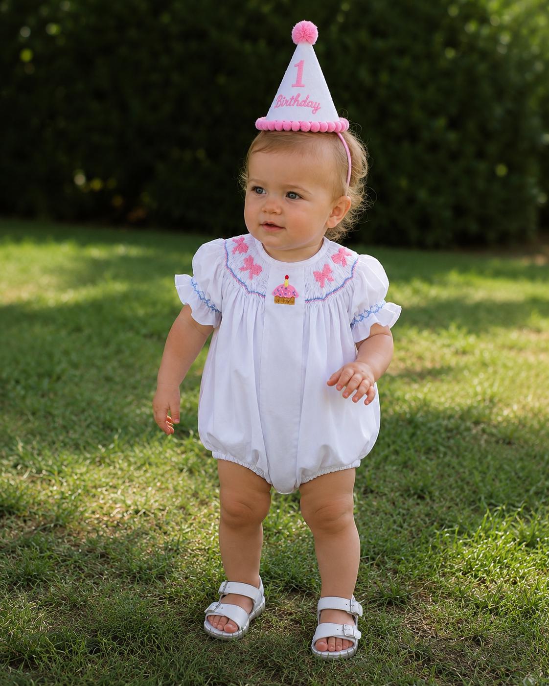 Birthday Cupcake Smocked Bubble Romper - Birthday party outfit, Baby girl, Heirloom, Vintage style, machine washable 819 *C