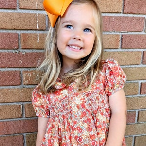 Smocked Floral Charlotte Dress in Marigold! Embroidered, Baby Girl, Vintage Style, Heirloom, Spring, Fall, Halloween, Thanksgiving 535 *G
