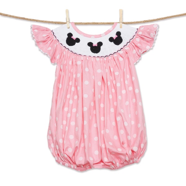 Orejas de ratón Smocked Bubble Romper- lunares rosa claro, niña, viaje mágico, traje de cumpleaños