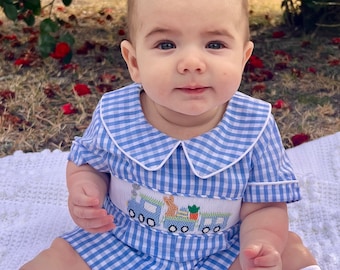 Easter Train Collared Shortall in Blue Gingham- Easter, Baby Boy, Vintage Style, Machine washable 613 *A