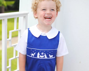 Christmas Nativity Smocked Longall in Royal Blue - Vintage Style, Matching Sibling Outfit, Heirloom, Baby Boy