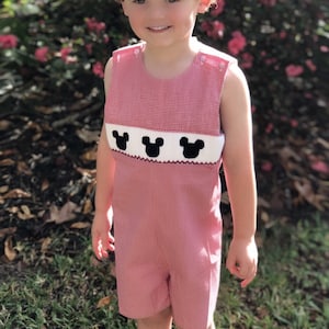 Smocked Mouse Shortall - Disney Trip, Mickey Birthday Party, Mouse Ears Jon Jon, Red Gingham 119 *H