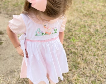 Easter Embroidered and Smocked 2 Piece Chick & Bunnny Dress - Vintage style, Two dresses in one