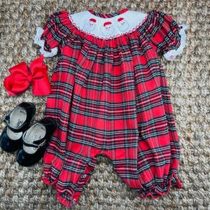 Santa Smocked Christmas Bubble in Plaid - Heirloom Girl Romper, Vintage Style, Matching Sibling 673 *B