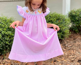 Easter Smocked Dress in Pink Seersucker- Easter Basket