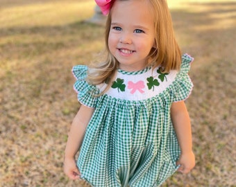 Shamrock Smocked Romper in Gingham - St. Patrick's Day