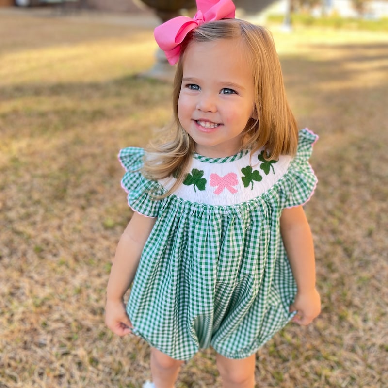 Shamrock Smocked Romper in Gingham - St. Patrick&#39;s Day 474