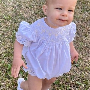 Smocked Heirloom Cross Bubble Romper - White with Cream Crosses and Lace-  Baptism, Easter, Christening, Vintage Style,  baby girl 412 *F