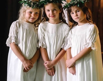 Heirloom Smocked Dress - Ivory and Lace - Easter, Flower Girl Dress, First Communion, Wedding, Portrait, Christmas, Vintage Style