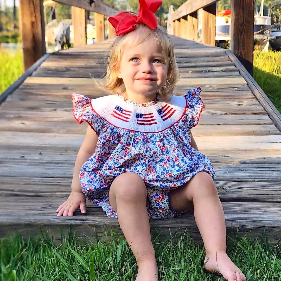 Smocked Flag Floral Bubble in America Liberty Print, Red White and