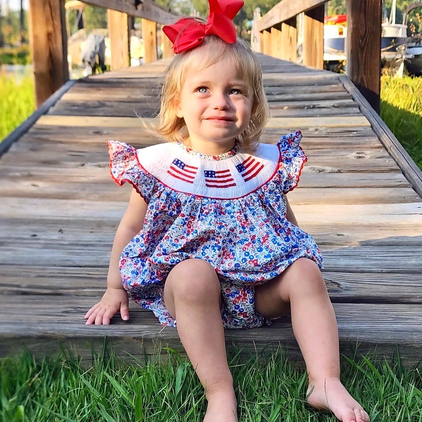 Smocked Flag Floral Bubble in America Liberty Print, Red White and