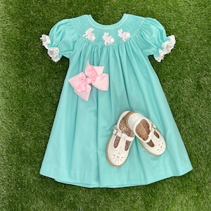 Bunny Smocked Dress in Mint - Easter dress, Spring Dress, Bishop style, Baby Girl outfit