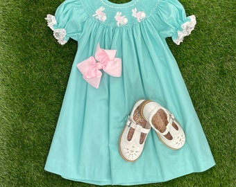 Bunny Smocked Dress in Mint - Easter dress, Spring Dress, Bishop style, Baby Girl outfit