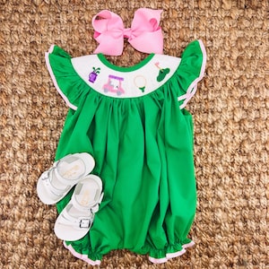 Smocked Golf Bubble Romper, Masters Green, Baby Girl, Heirloom 805 *B