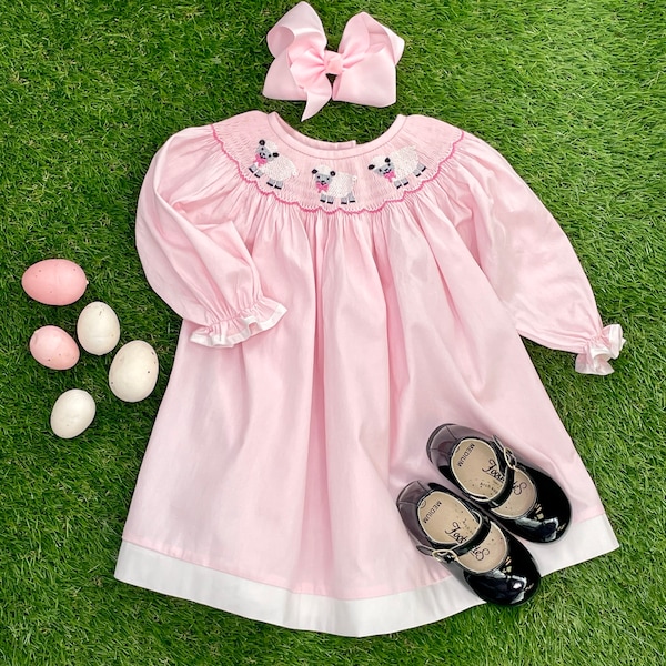 Easter Smocked Lamb Dress with Long Sleeves on Pink - Baby Girl, Easter Lamb, Rabbit Dress