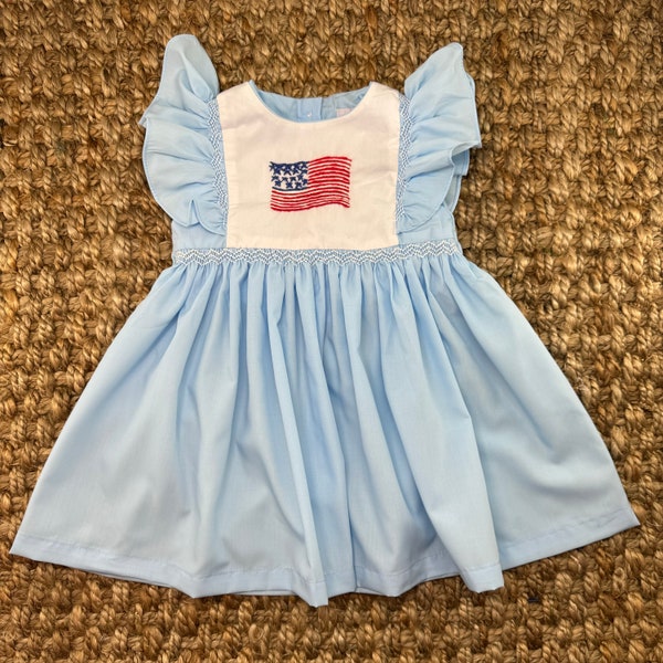Flag Smocked Avignon Dress - Embroidered Flags with Flutter Sleeves- 4th of July, Summer, Memorial Day, military, Baby Girl Outfit