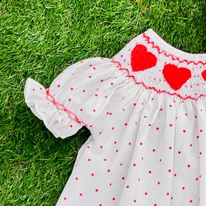 Valentine Smocked Bubble Romper - Red Hearts on Red Polka Dot, Smocked Sleeves, Baby Girl, Heirloom, Vintage Style
