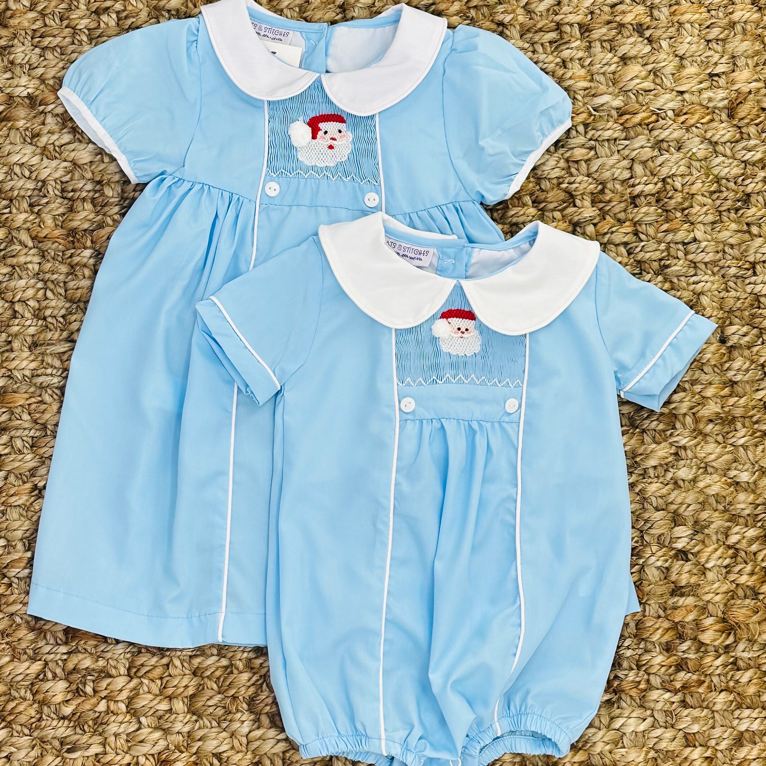Santa Smocked Christmas Dress with Collar in Light Blue - Christmas Dress, Baby Girl, Holiday, Heirloom Vintage, Matching Sibling 557 *G