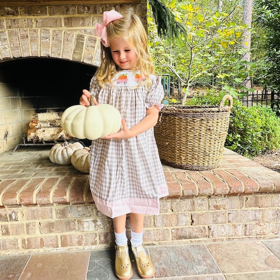 Smocked Pumpkin Dress in Tan Gingham - Fall, Thanksgiving, Halloween, Pumpkin Patch, Vintage Style, Heirloom, Baby Girl, Sibling 743 *G Smocked Pumpkin Dress in Tan Gingham - Fall, Thanksgiving, Halloween, Pumpkin Patch, Vintage Style, Heirloom, Baby Girl, Sibling 743 *G