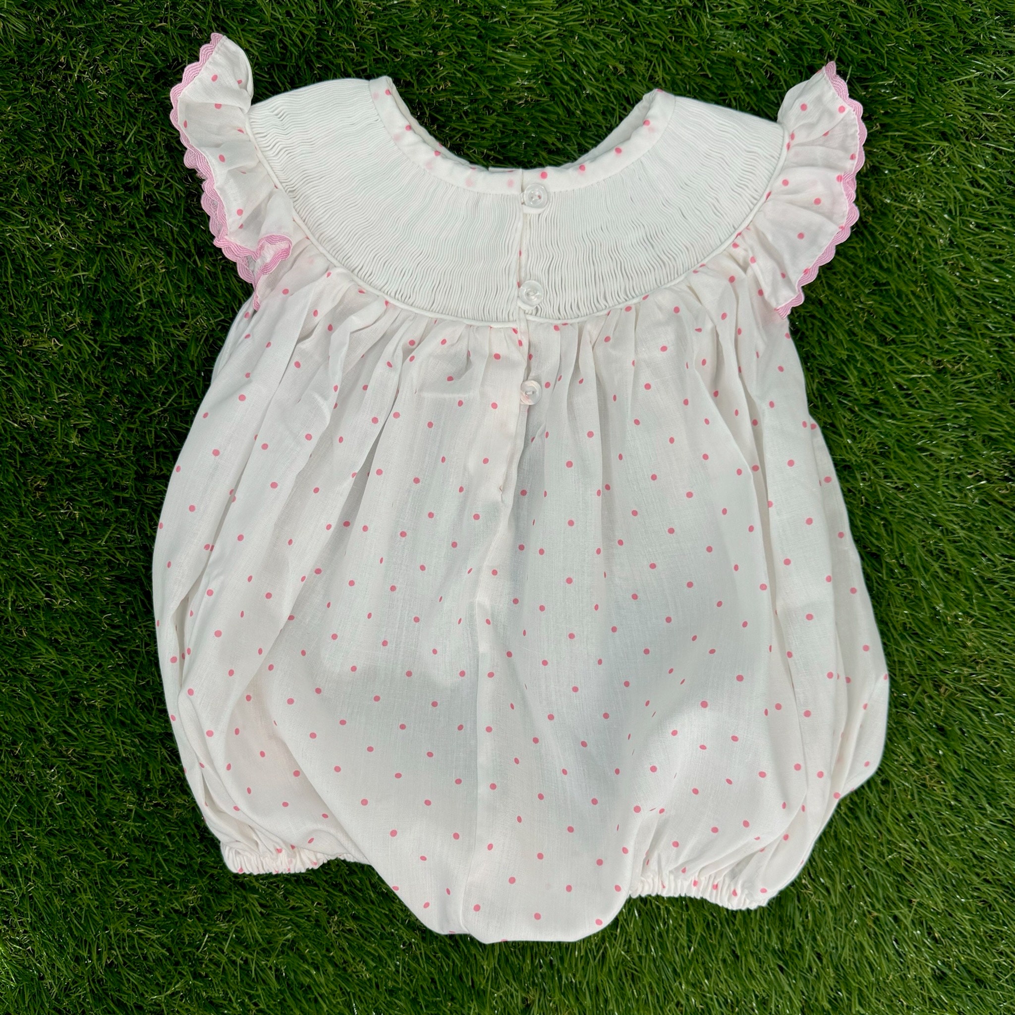 Smocked Birthday Bubble Romper in Polka Dots & Flutter Sleeves   - Birthday Party Outfit, Baby girl, Heirloom, Machine Washable 641 *C
