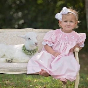 Smocked Cross Dress in Pink with Lace - Baptism, Christening, Baby Girl, Heirloom dress, Flower Girl, Bishop Style