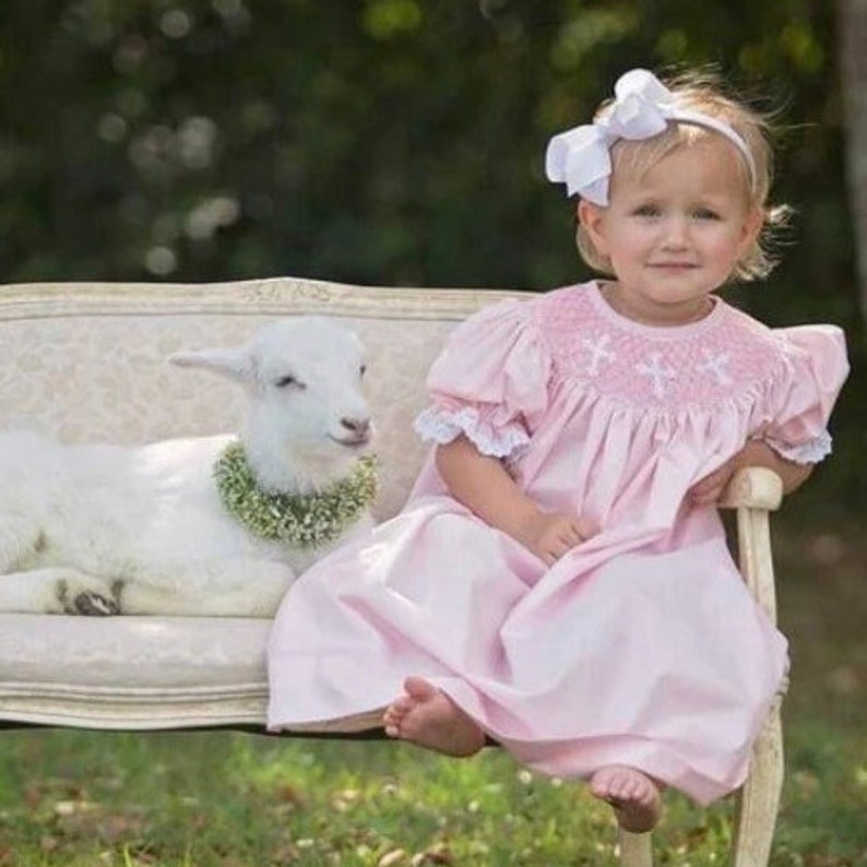 Smocked Cross Dress in Pink with Lace Baptism, Christening, Baby Girl, Heirloom dress, Flower Girl, Bishop Style image 1