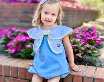 Bumble Bee Bubble - Embroidered Bees on Bow, Summer Romper outfit, Coordinating Mommy Outfit