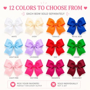 May include: A collection of twelve fabric hair bows arranged in a grid, featuring colors including white, ivory, orange, royal blue, light blue, lavender, red, green, light pink, hot pink, magenta, and burgundy, with text reading 12 COLORS TO CHOOSE FROM.