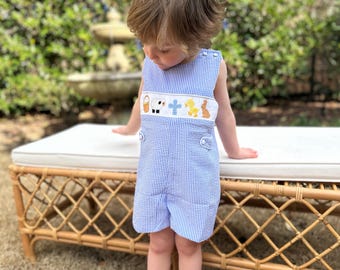 Easter Smocked Shortall in Blue Seersucker- Easter Basket, Lamb, Cross, Chick, Bunny, Coordinating Sibling Outfits, Baby Boy, Vintage 604 *A