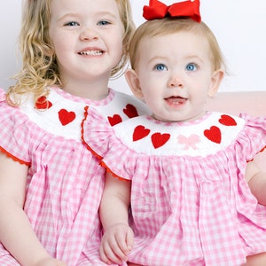 Valentine Smocked Bubble Romper Red Hearts and Bows on Pink Gingham matching sibling, heirloom, vintage, baby girl smock outfit image 3