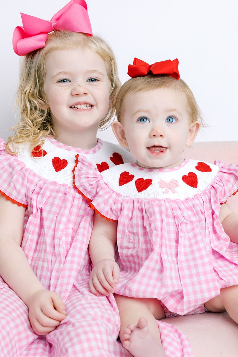 Valentine Smocked Bubble Romper Red Hearts and Bows on Pink Gingham matching sibling, heirloom, vintage, baby girl smock outfit image 3