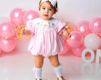 Birthday Smocked Bubble Romper in Pink - Birthday party outfit, Baby girl, Heirloom, Vintage style, machine washable 519 *C