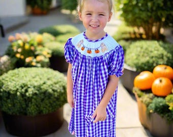 Smocked Halloween Dress with Puppies and Jack o’lantruns - Bishop Dress, Fall dress, baby girl 537 *G