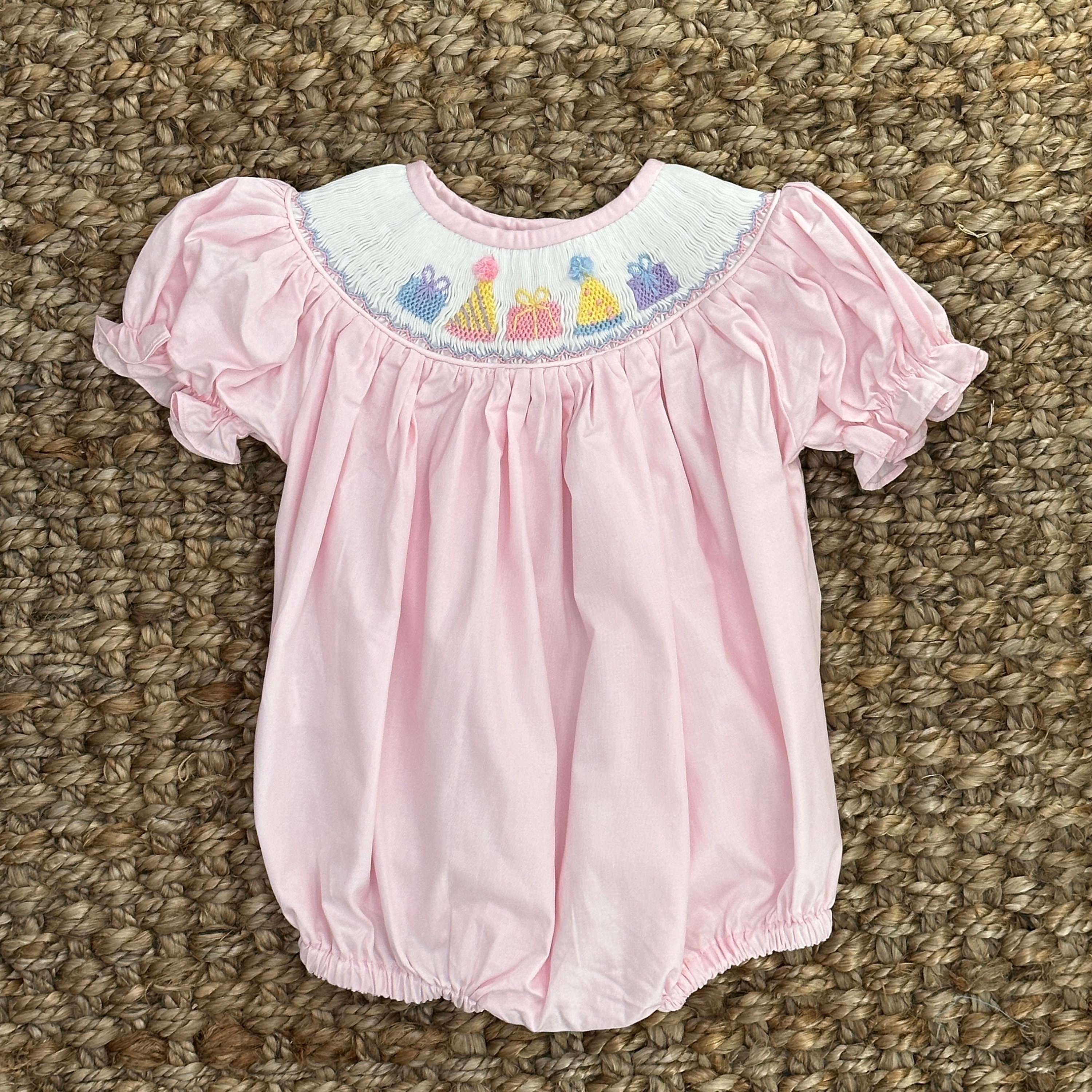 Birthday Smocked Bubble Romper in Pink Birthday Party Outfit Baby