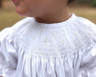 Smocked Cross Dress in White with White Crosses - baptism, christening, baby girl, heirloom dress, flower girl, smock