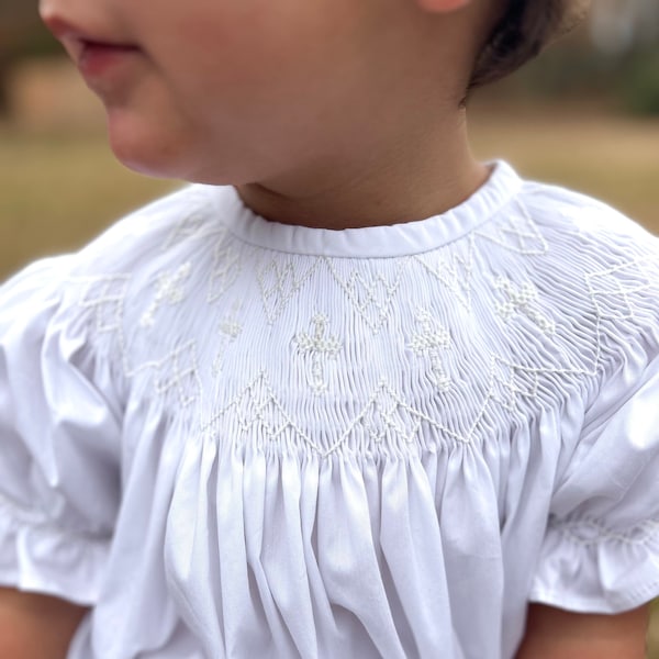 Smocked Cross Dress in White with White Crosses - baptism, christening, baby girl, heirloom dress, flower girl, smock