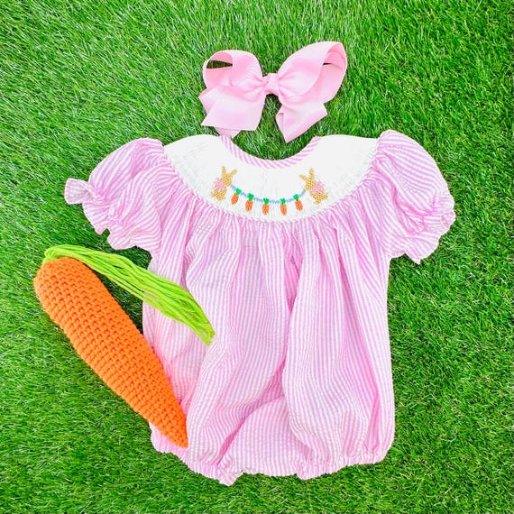 Okbabeha Newborn Baby Girl Easter Outfit Bunny Bubble Romper Embroidery Cute Smocked Bodysuit Clothes