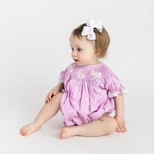 Easter Bunny Smocked Bubble Romper in Lavender with Lace - Rabbits and Bows, Heirloom, Baby Girl