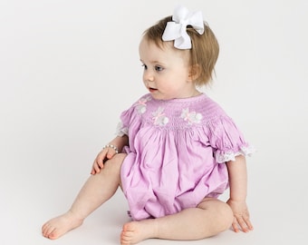 Easter Bunny Smocked Bubble Romper in Lavender with Lace - Rabbits and Bows, Heirloom, Baby Girl 587 *B